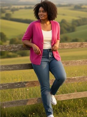 CeCe Bright Fuchsia Short Sleeve Knit Cardigan with Bow Buttons